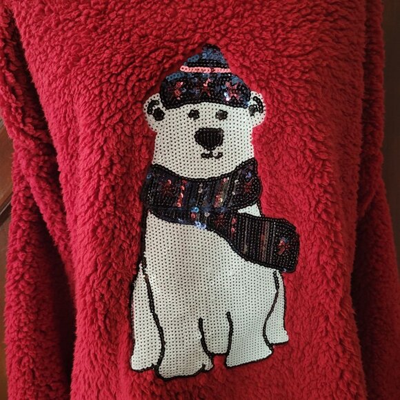 Cozy Red Fleece Sweater With Sequin Polar Bear Design & Scarf XL NWT - Picture 2 of 4